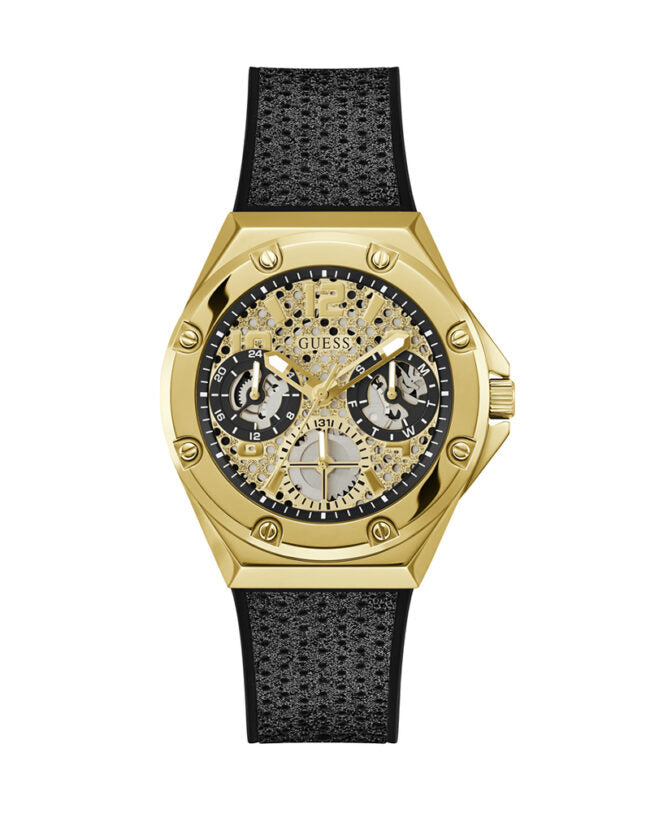Shop Authentic Guess Asteria Multifunction Gold Dial Black Rubber Strap Watch For Women - GW0620L2 - Luxxuri