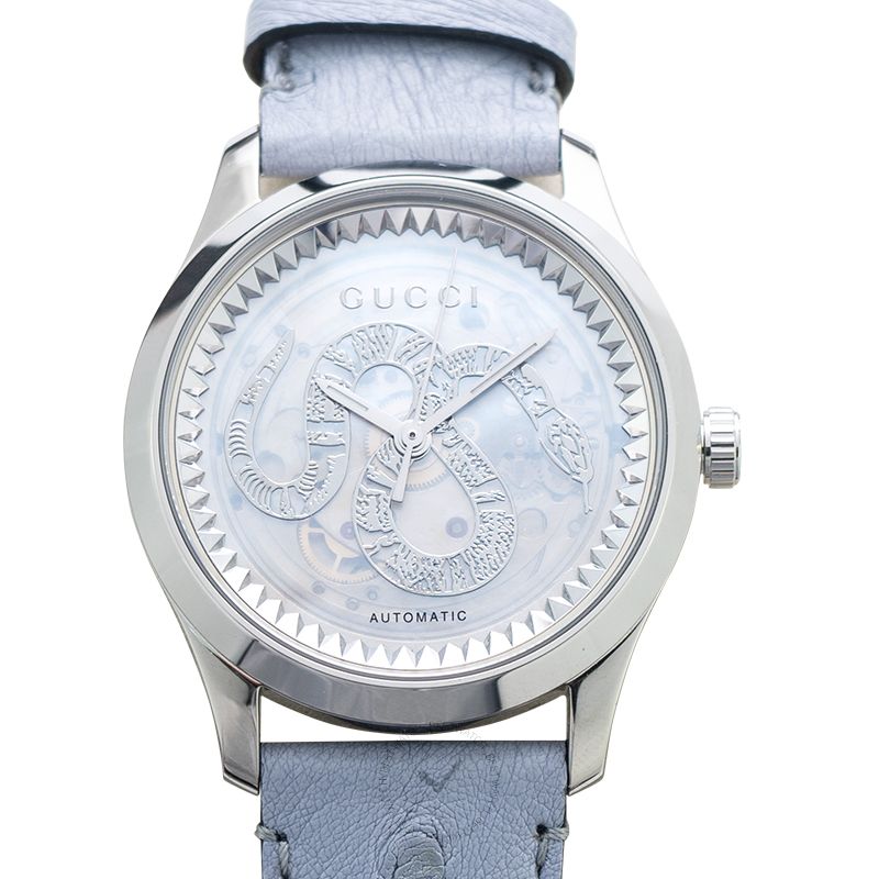Gucci G Timeless Automatic Mother of Pearl Dial Blue Leather Strap Watch For Women - YA1264113