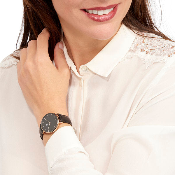 Shop Authentic Daniel Wellington Petite Sheffield Black Dial Black Leather Strap Watch For Women - DW00100168 - Luxxuri