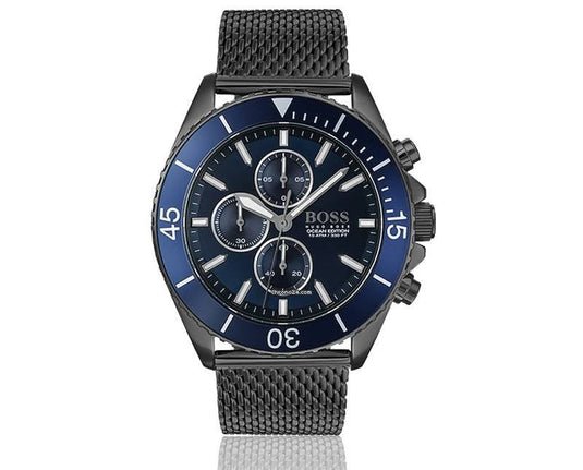 Hugo Boss Ocean Edition Chronograph Blue Dial Black Mesh Bracelet Watch for Men - 1513702