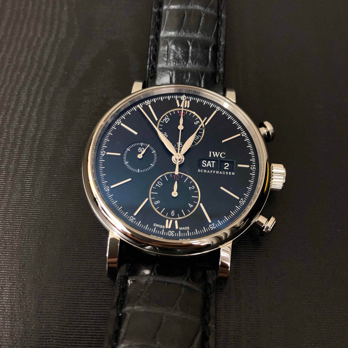 Shop Authentic IWC Portofino Chronograph Black Dial Black Leather Strap Watch for Men - IW391029 - Luxxuri