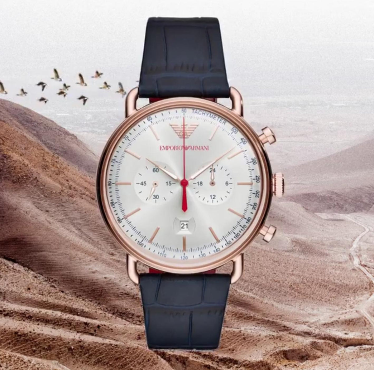 Shop Authentic Emporio Armani Aviator Silver Dial Blue Leather Strap Watch For Men - AR11123 - Luxxuri