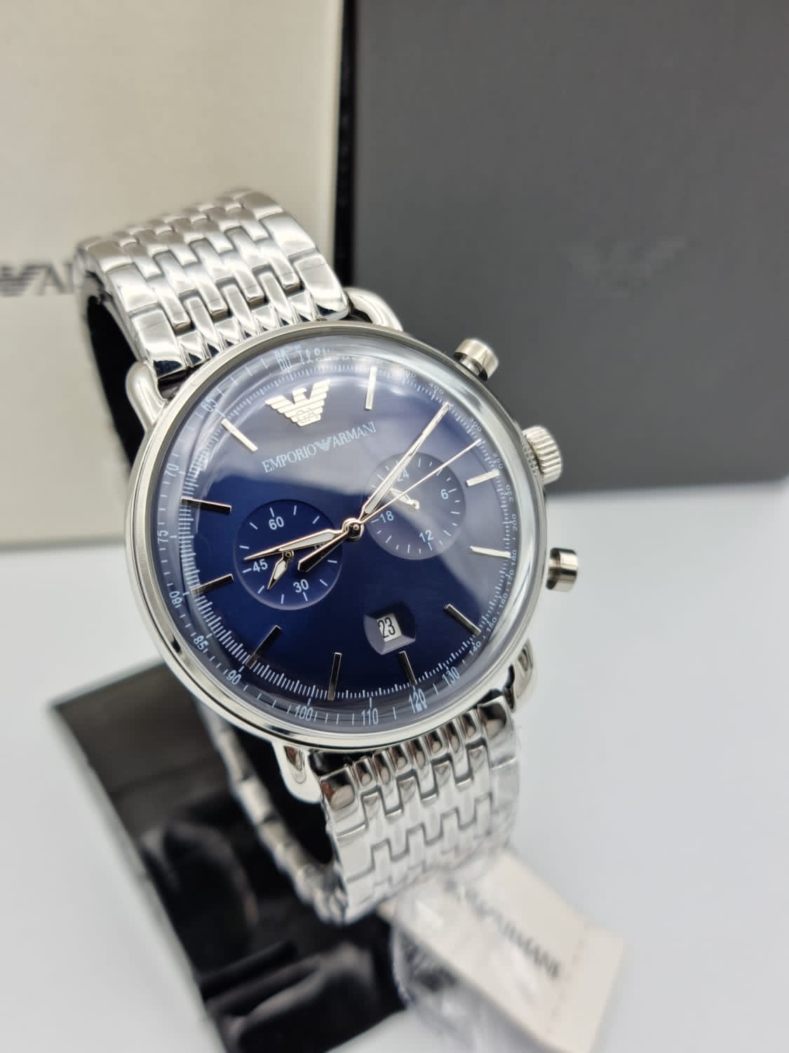 Shop Authentic Emporio Armani Aviator Chronograph Blue Dial Silver Steel Strap Watch For Men - AR11238 - Luxxuri