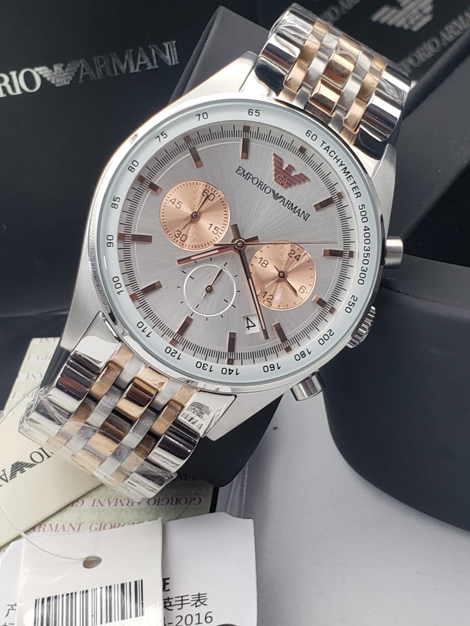 Shop Authentic Emporio Armani Sportivo Chronograph Silver Dial Two Tone Steel Strap Watch For Men - AR5999 - Luxxuri