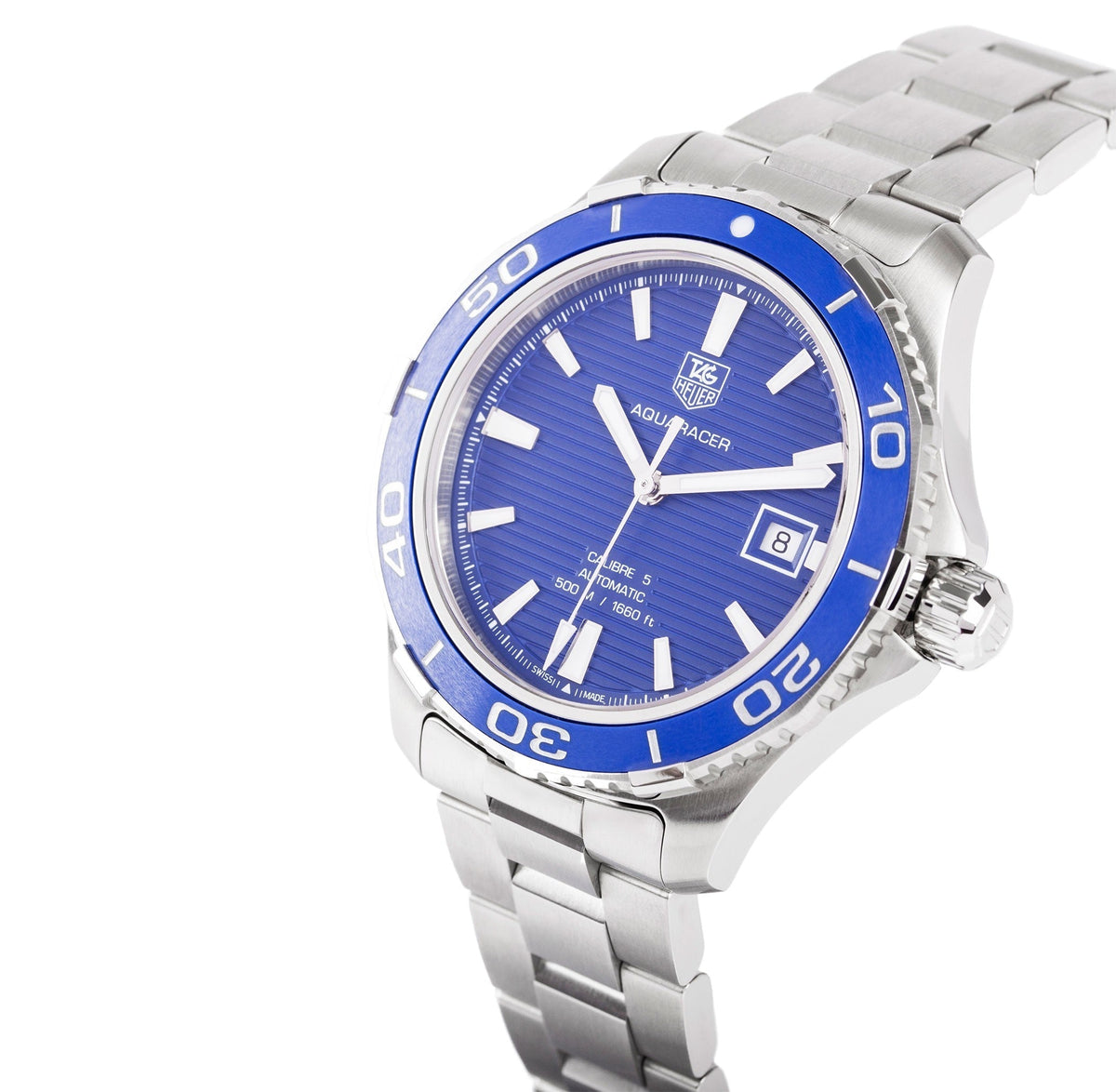 Shop Authentic Tag Heuer Aquaracer Calibre 5 Automatic Blue Dial Silver Steel Strap Watch for Men - WAK2111.BA0830 - Luxxuri