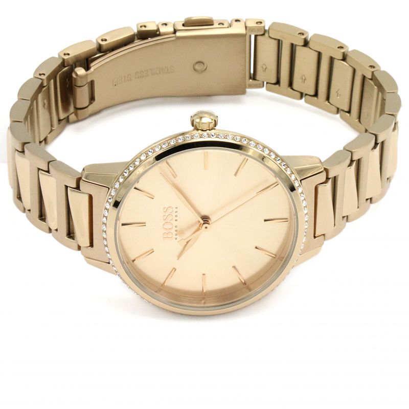Shop Authentic Hugo Boss Signature Gold Dial Gold Stainless Steel Strap Watch for Women - 1502540 - Luxxuri