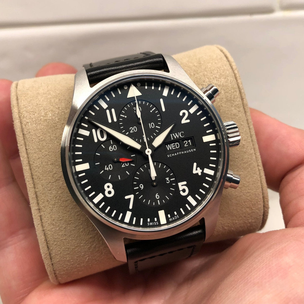 Shop Authentic IWC Pilot's Watch Chronograph Black Dial Black Leather Strap Watch for Men - IW377709 - Luxxuri