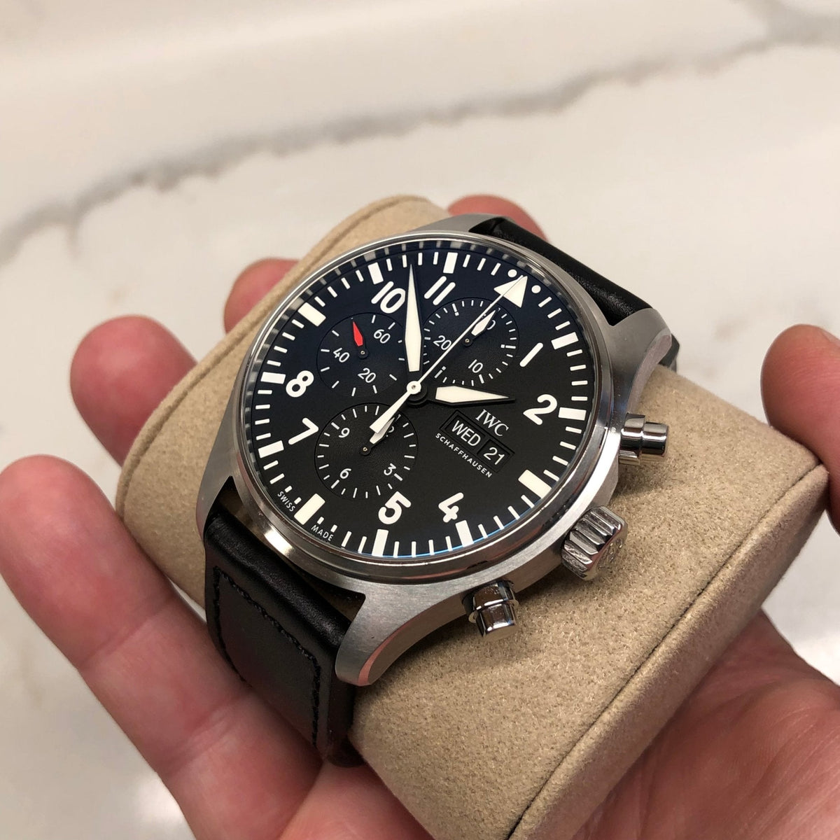 Shop Authentic IWC Pilot's Watch Chronograph Black Dial Black Leather Strap Watch for Men - IW377709 - Luxxuri