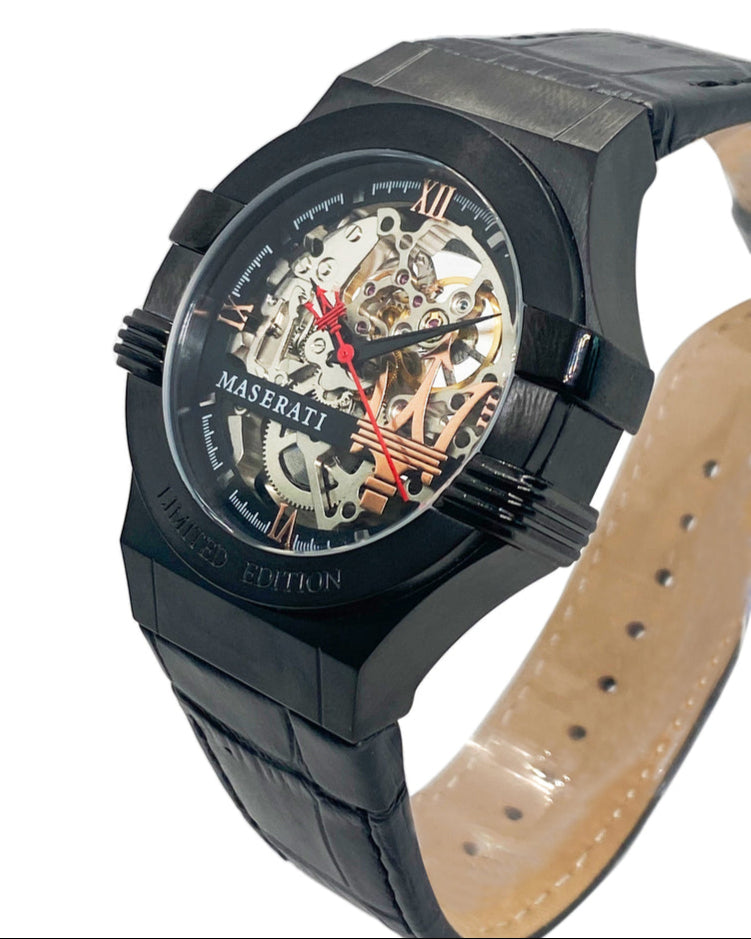 Shop Authentic Maserati Automatic Skeleton Black Dial Black Leather Strap Watch For Men - R8821108021 - Luxxuri