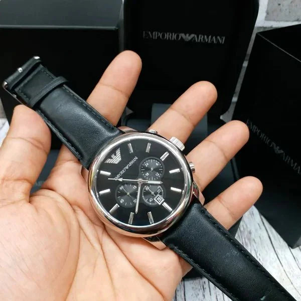 Shop Authentic Emporio Armani Classic Chronograph Black Dial Black Leather Strap Watch For Men - AR0431 - Luxxuri