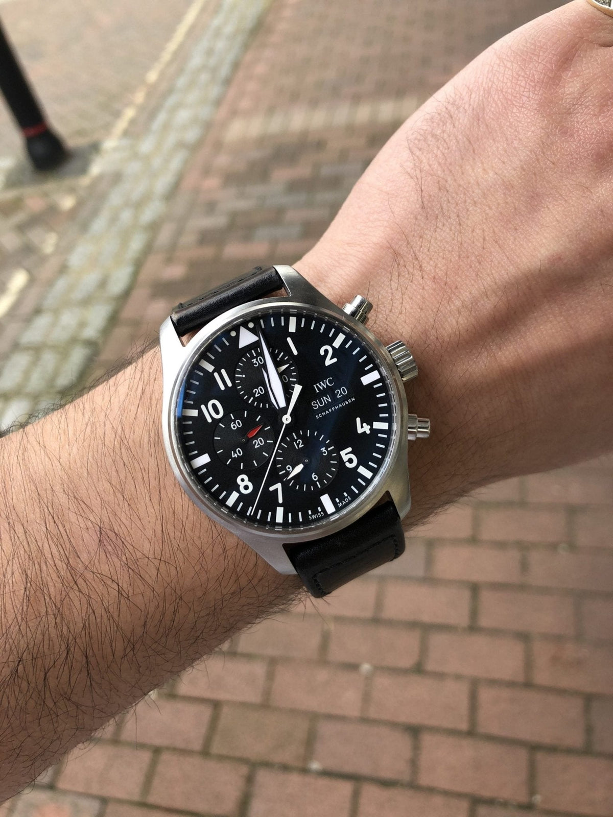 Shop Authentic IWC Pilot's Watch Chronograph Black Dial Black Leather Strap Watch for Men - IW377709 - Luxxuri