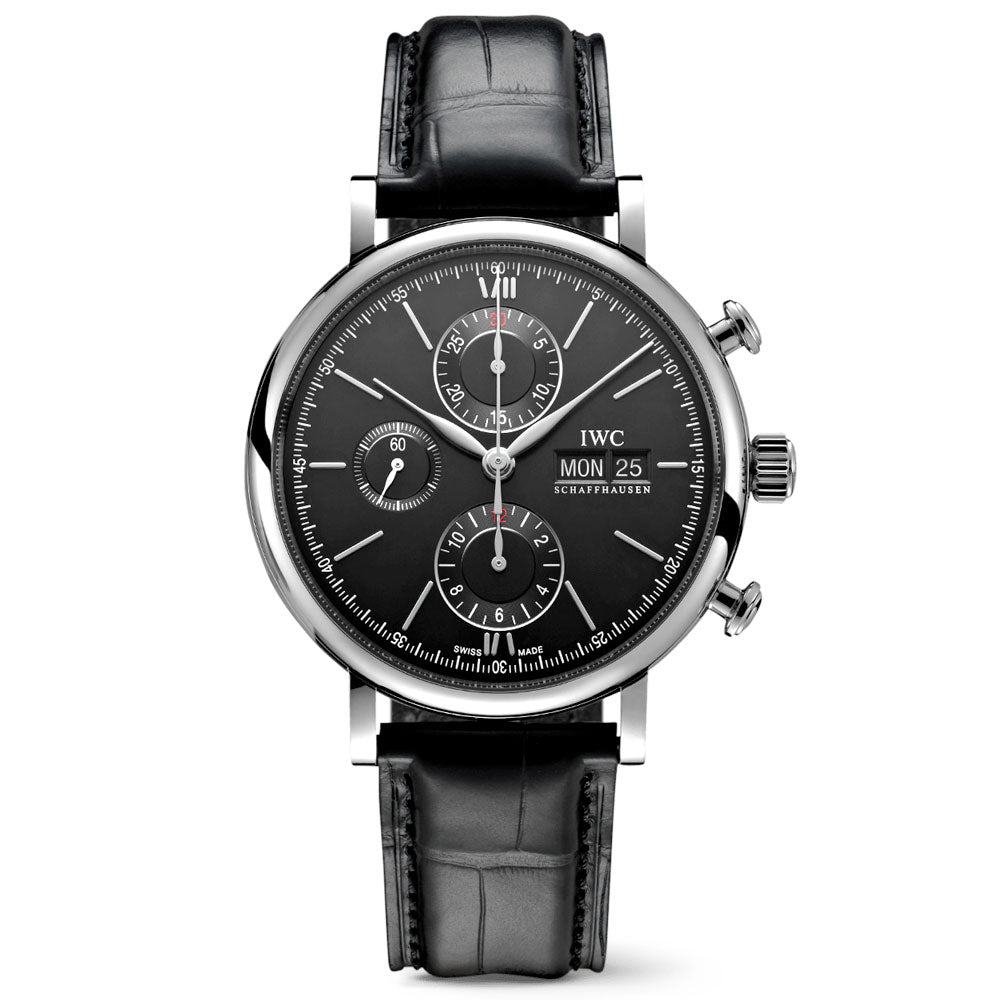 Shop Authentic IWC Portofino Chronograph Black Dial Black Leather Strap Watch for Men - IW391008 - Luxxuri