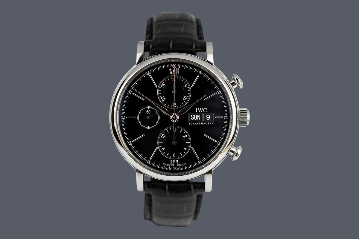 Shop Authentic IWC Portofino Chronograph Black Dial Black Leather Strap Watch for Men - IW391029 - Luxxuri