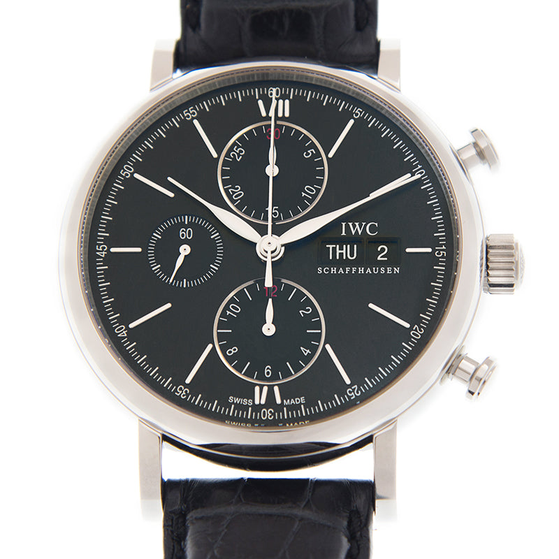 Shop Authentic IWC Portofino Chronograph Black Dial Black Leather Strap Watch for Men - IW391008 - Luxxuri