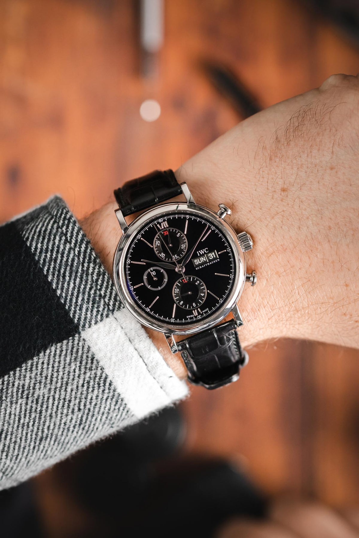 Shop Authentic IWC Portofino Chronograph Black Dial Black Leather Strap Watch for Men - IW391008 - Luxxuri
