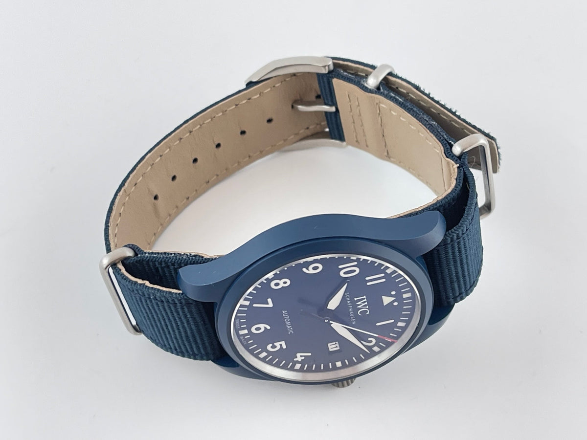 Shop Authentic IWC Pilot’s Watch Automatic "Laureus Sport for Good" Edition Blue Dial Blue Nylon Strap Watch for Men - IW328101 - Luxxuri