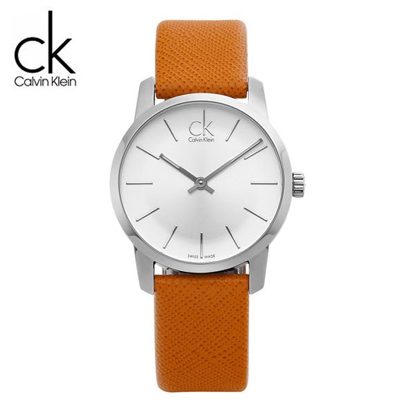 Shop Authentic Calvin Klein City Silver Dial Light Brown Leather Strap Watch For Women- K2G23120 - Luxxuri