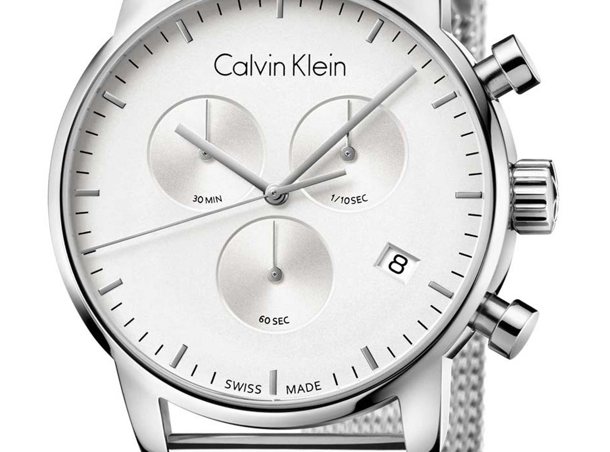 Shop Authentic Calvin Klein City Chronograph White Dial Silver Mesh Bracelet Watch for Men - K2G27126 - Luxxuri