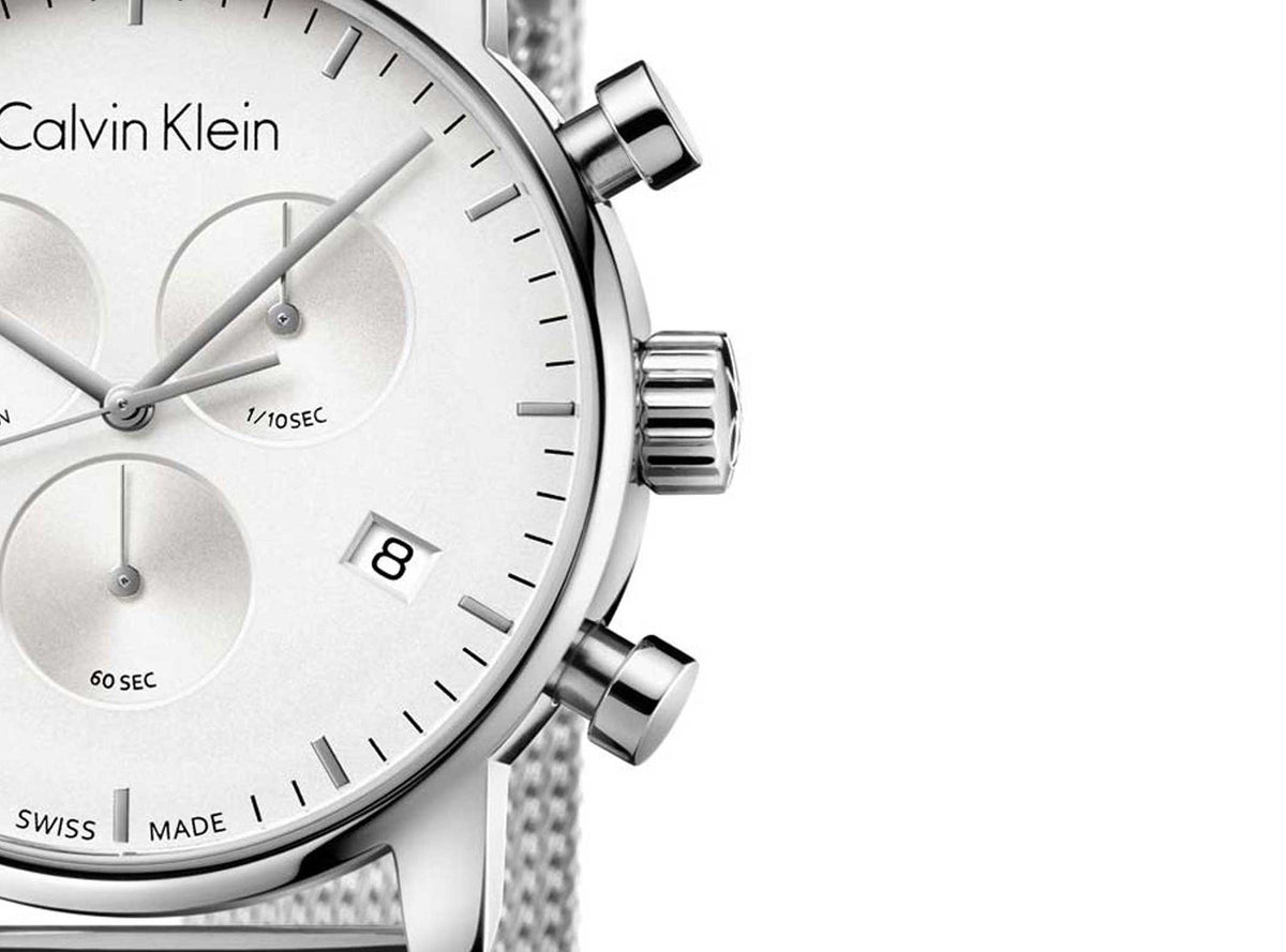 Shop Authentic Calvin Klein City Chronograph White Dial Silver Mesh Bracelet Watch for Men - K2G27126 - Luxxuri