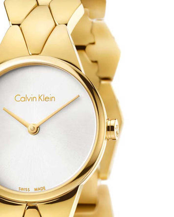 Shop Authentic Calvin Klein Snake Silver Dial Yellow Gold Steel Strap Watch For Women - K6E23546 - Luxxuri