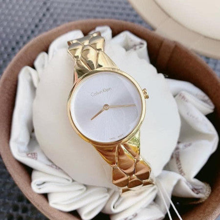 Shop Authentic Calvin Klein Snake Silver Dial Yellow Gold Steel Strap Watch For Women - K6E23546 - Luxxuri