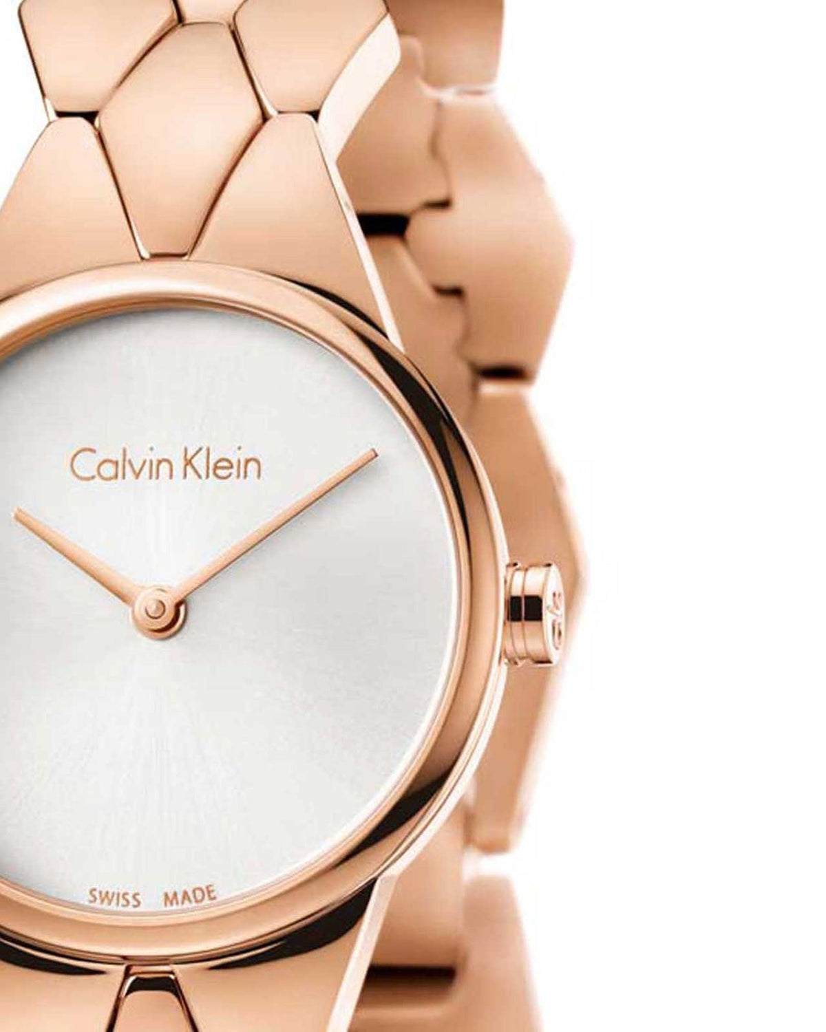 Shop Authentic Calvin Klein Snake Silver Dial Rose Gold Steel Strap Watch For Women - K6E23646 - Luxxuri