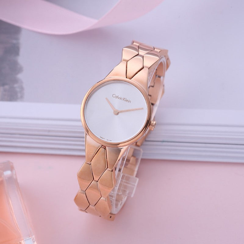 Shop Authentic Calvin Klein Snake Silver Dial Rose Gold Steel Strap Watch For Women - K6E23646 - Luxxuri