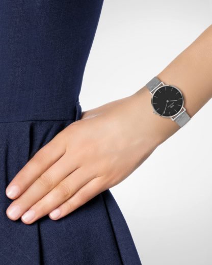Shop Authentic Daniel Wellington Classic Petite Sterling Black Dial Silver Mesh Bracelet Watch For Women - DW00100162 - Luxxuri