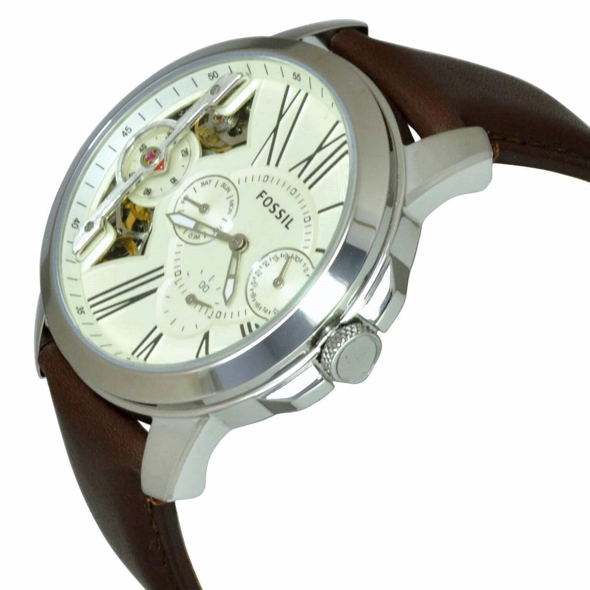 Shop Authentic Fossil Grant Twist Multi-Function White Dial Brown Leather Strap Watch for Men - ME1144 - Luxxuri