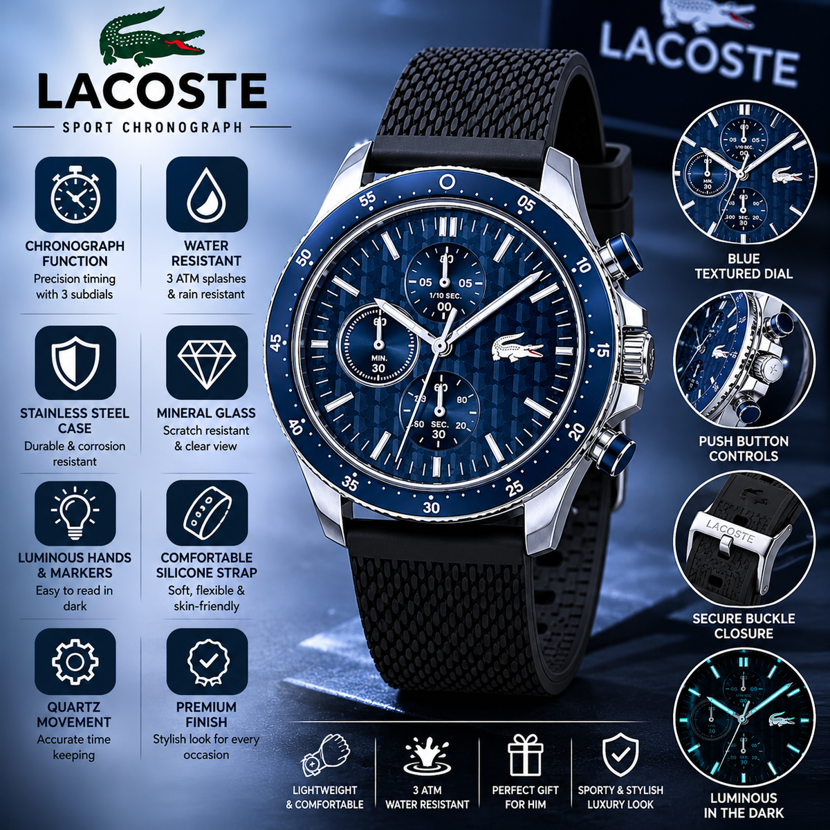 Lacoste Neoheritage Chronograph Blue Dial Black Silicone Strap Watch for Men - 2011252