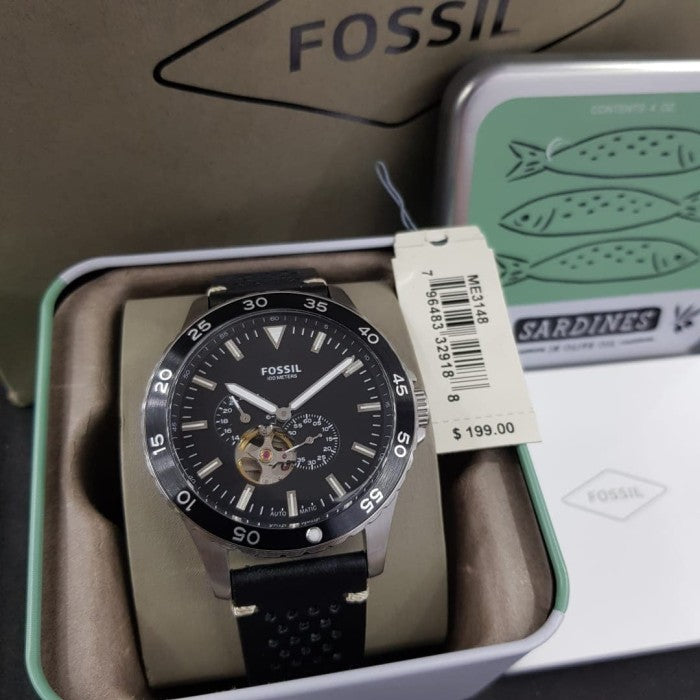 Shop Authentic Fossil Crewmaster Sports Automatic Black Dial Black Leather Strap Watch for Men - ME3148 - Luxxuri