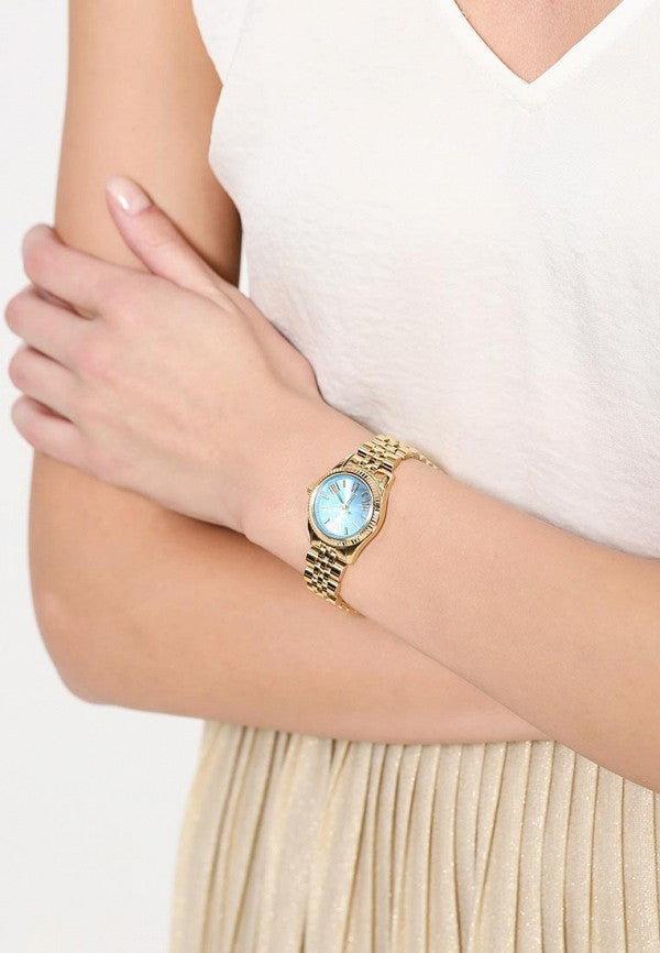 Michael Kors Lexington Quartz Blue Dial Gold Steel Strap Watch For Women - MK3271