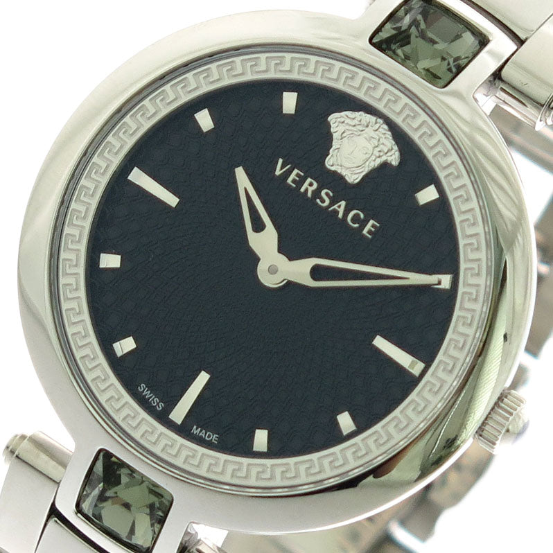 Versace Crystal Gleam Guilloche Black Dial Silver Steel Strap Watch for Women - VAN030016