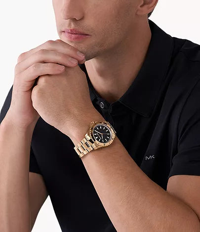 Shop Authentic Michael Kors Everest Three Hand Quartz Black Dial Gold Steel Strap Watch For Men - MK9140 - Luxxuri