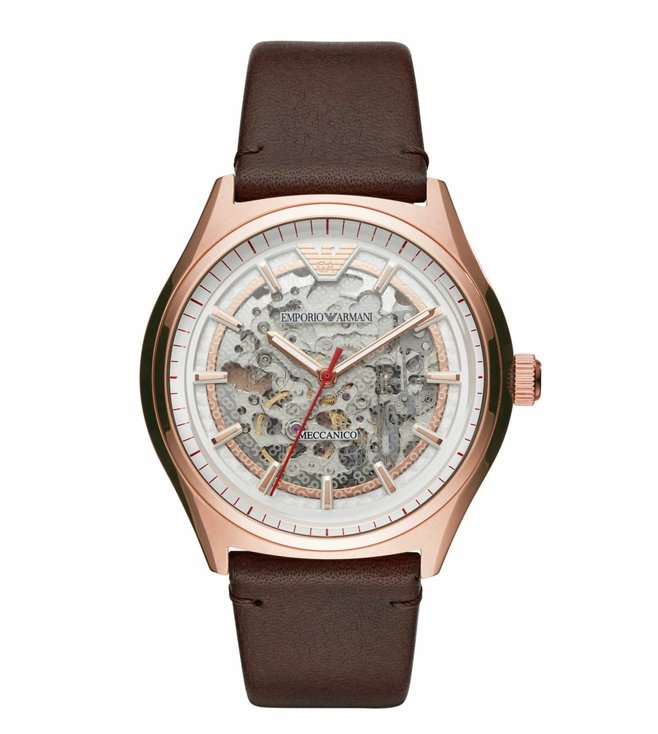 Shop Authentic Emporio Armani Meccanico White Skeleton Dial Brown Leather Strap Watch For Men - AR60005 - Luxxuri