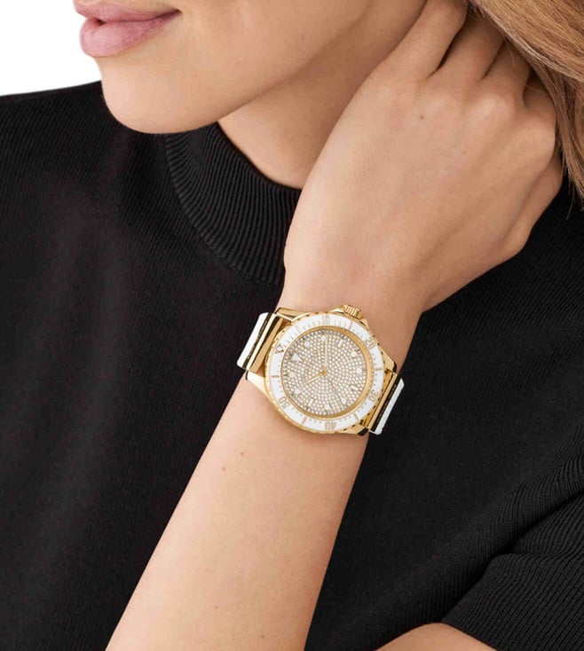 Shop Authentic Michael Kors Everest Analog Gold Dial White Silicone Strap Watch For Women - MK7357 - Luxxuri