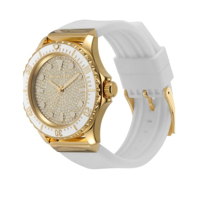 Shop Authentic Michael Kors Everest Analog Gold Dial White Silicone Strap Watch For Women - MK7357 - Luxxuri