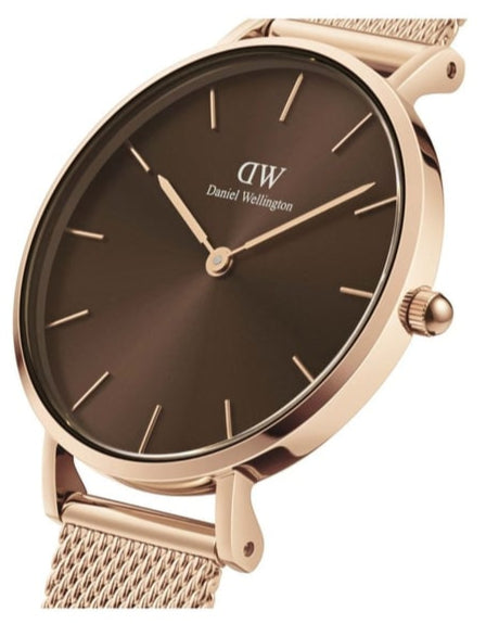 Shop Authentic Daniel Wellington Petite Amber Brown Dial Rose Gold Mesh Strap Watch for Women - DW00100478 - Luxxuri