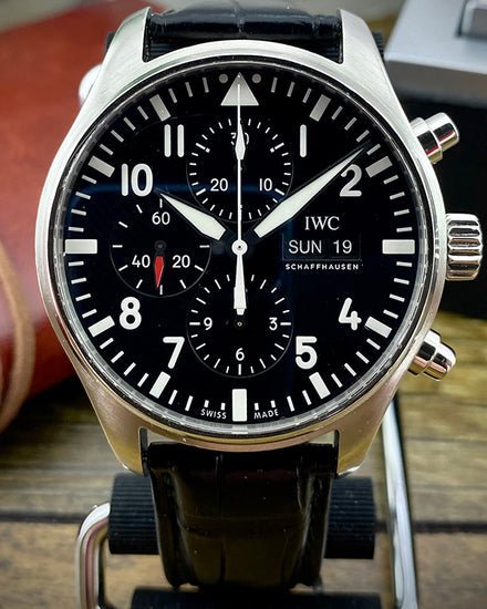 Shop Authentic IWC Pilot's Watch Chronograph Black Dial Black Leather Strap Watch for Men - IW377709 - Luxxuri