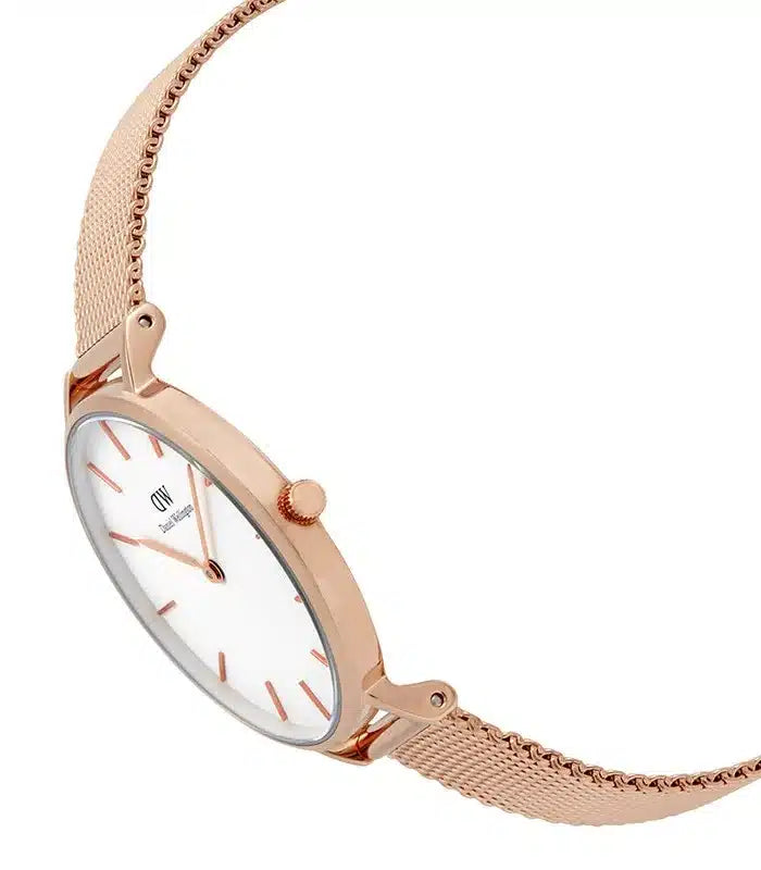 Shop Authentic Daniel Wellington Classic Petite Melrose White Dial Rose Gold Mesh Bracelet Watch For Women - DW00100163 - Luxxuri