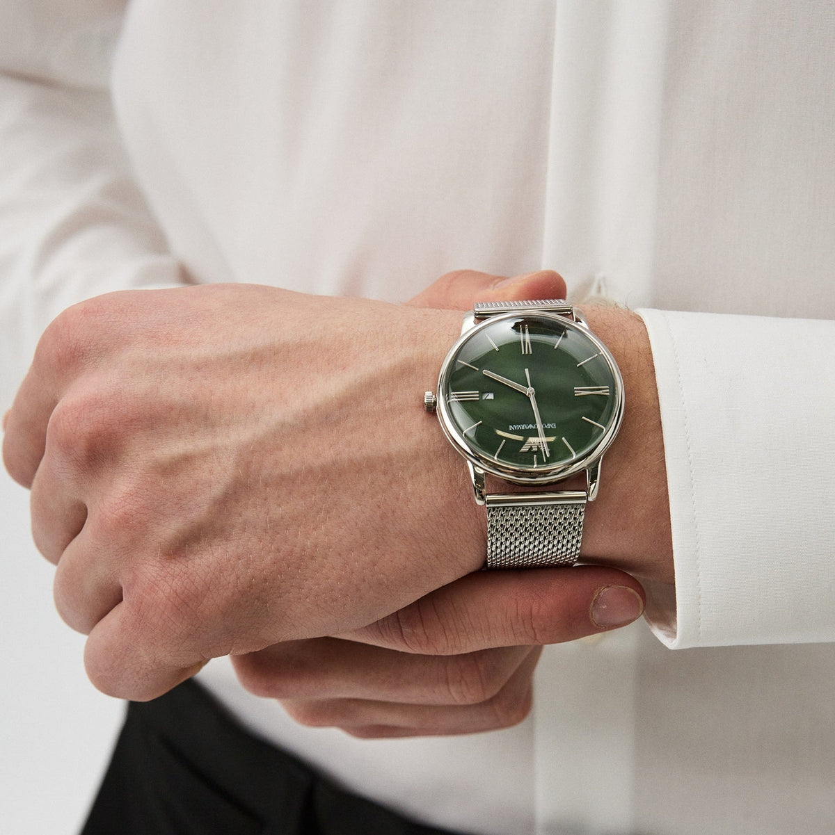 Emporio Armani Minimalist Quartz Green Dial Silver Mesh Bracelet Watch For Men - AR11578
