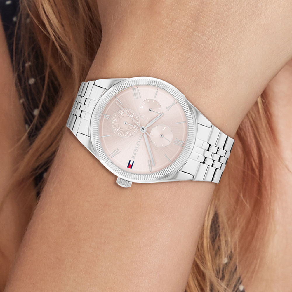 Shop Authentic Tommy Hilfiger Monica Multifunction Chronograph Pink Dial Silver Steel Strap Watch For Women - 1782590 - Luxxuri