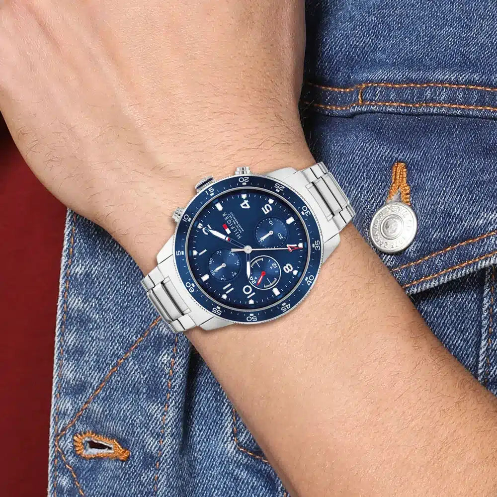 Shop Authentic Tommy Hilfiger Jimmy Chronograph Quartz Blue Dial Silver Steel Strap Watch For Men - 1791949 - Luxxuri