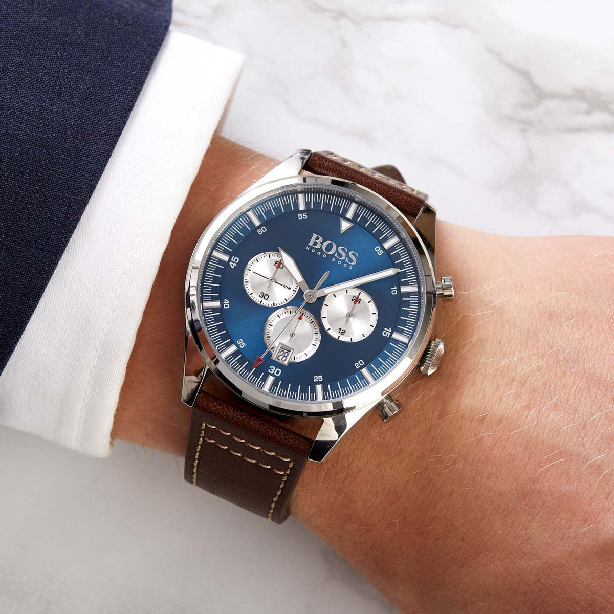 Shop Authentic Hugo Boss Pioneer Chronograph Blue Dial Brown Leather Strap Watch For Men - 1513709 - Luxxuri