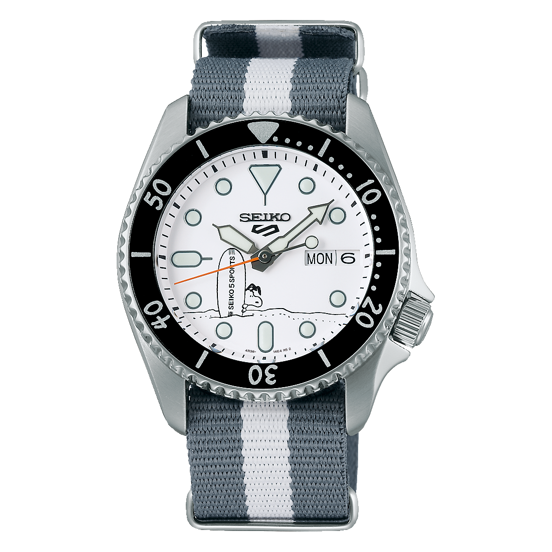 Seiko 5 Sports x Peanuts Surfboard Snoopy Limited Edition White Dial Two Tone NATO Strap Watch For Men - SRPK25K1