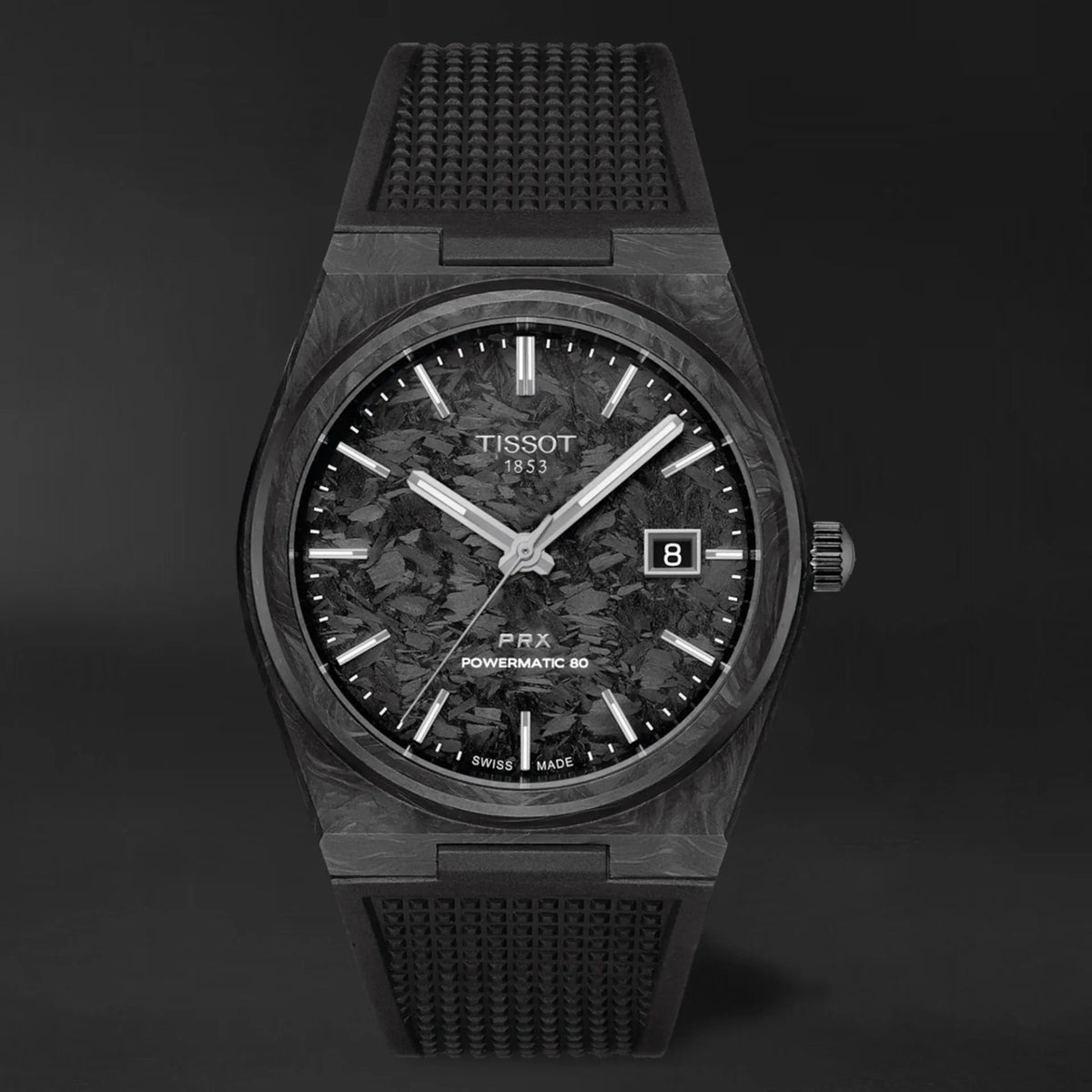 Tissot PRX Powermatic 80 Carbon Black Dial Black Rubber Strap Watch for Men - T137.907.97.201.00