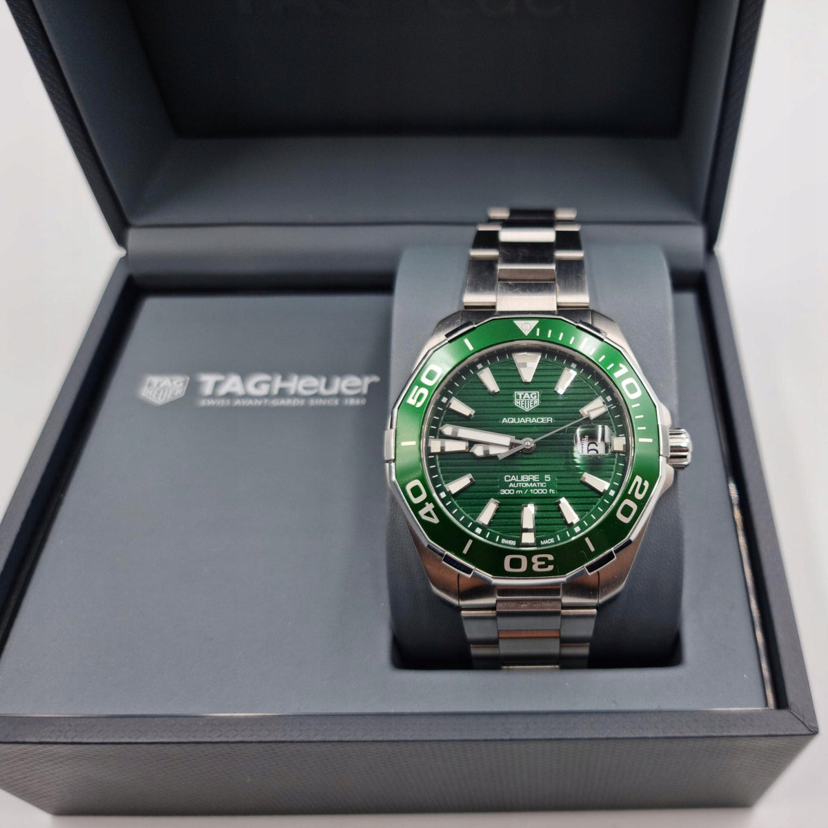Shop Authentic Tag Heuer Aquaracer Calibre 5 Green Dial Silver Steel Strap Watch for Men - WAY201S.BA0927 - Luxxuri