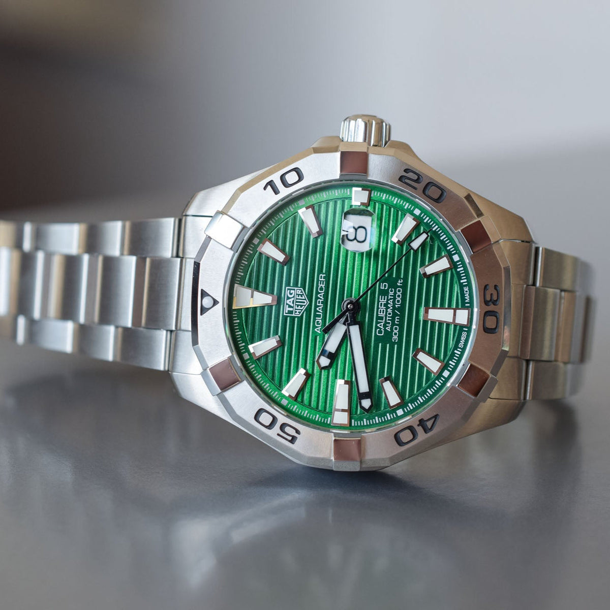 Shop Authentic Tag Heuer Aquaracer Calibre 5 Automatic Green Dial Silver Steel Strap Watch for Men - WAY2015.BA0927 - Luxxuri