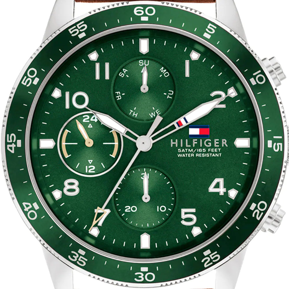 Shop Authentic Tommy Hilfiger Jimmy Chronograph Green Dial Brown Leather Strap Watch For Men - 1791948 - Luxxuri