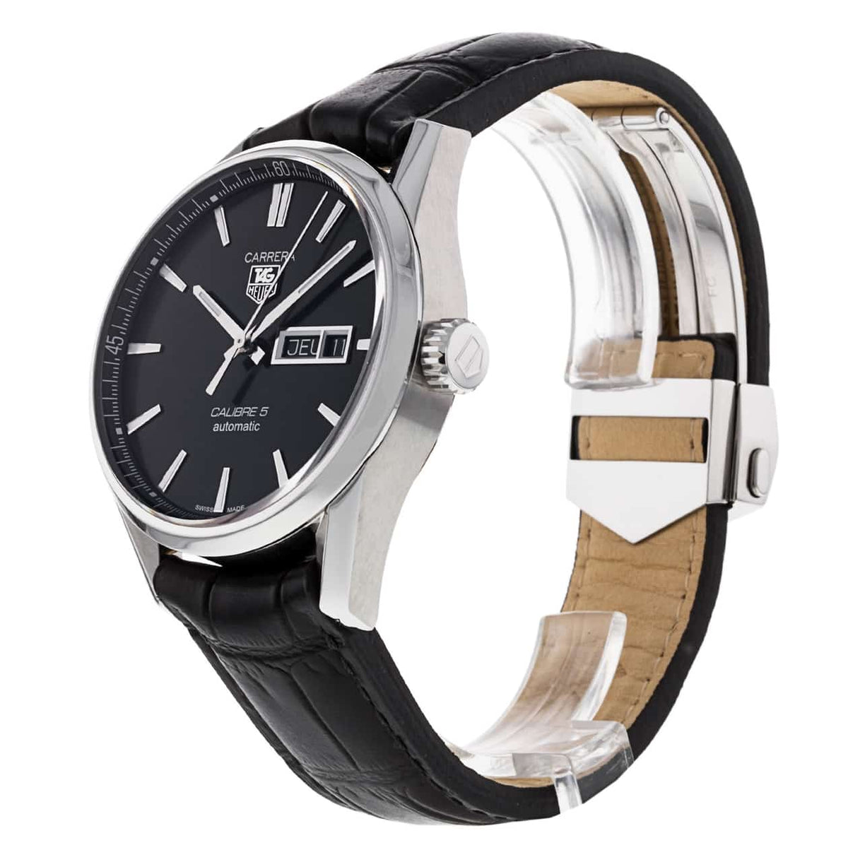 Tag Heuer Carrera Automatic Black Dial Black Leather Strap Watch for Men - WAR201A.FC6266